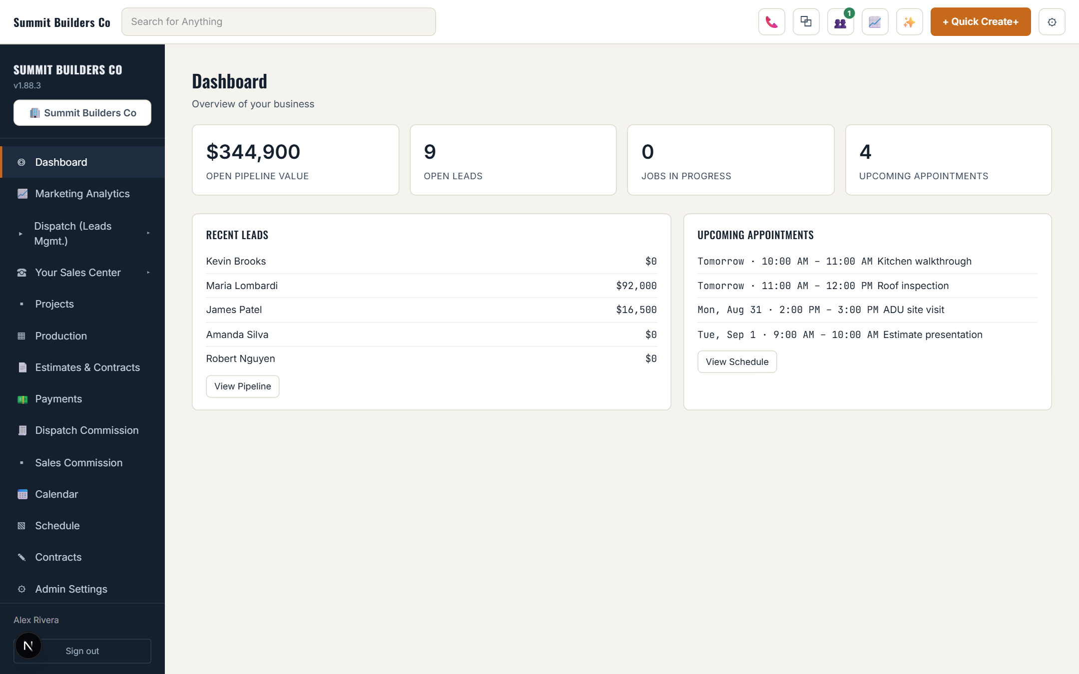 Dashboard showing open tasks, this week's appointments and the last 48 hours of call activity