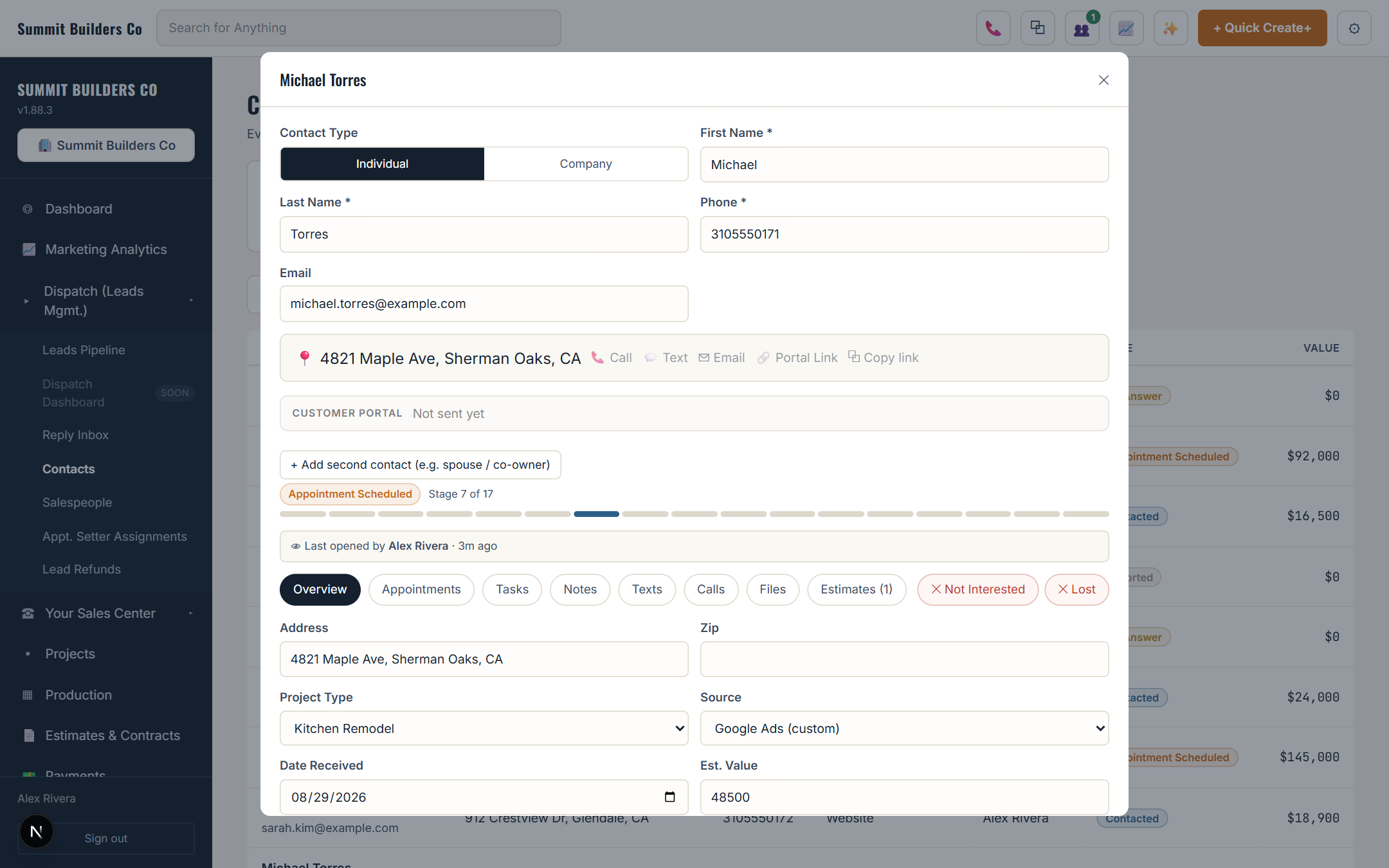 A lead card open on a contact, showing stage progress and tabs for appointments, texts, calls and estimates