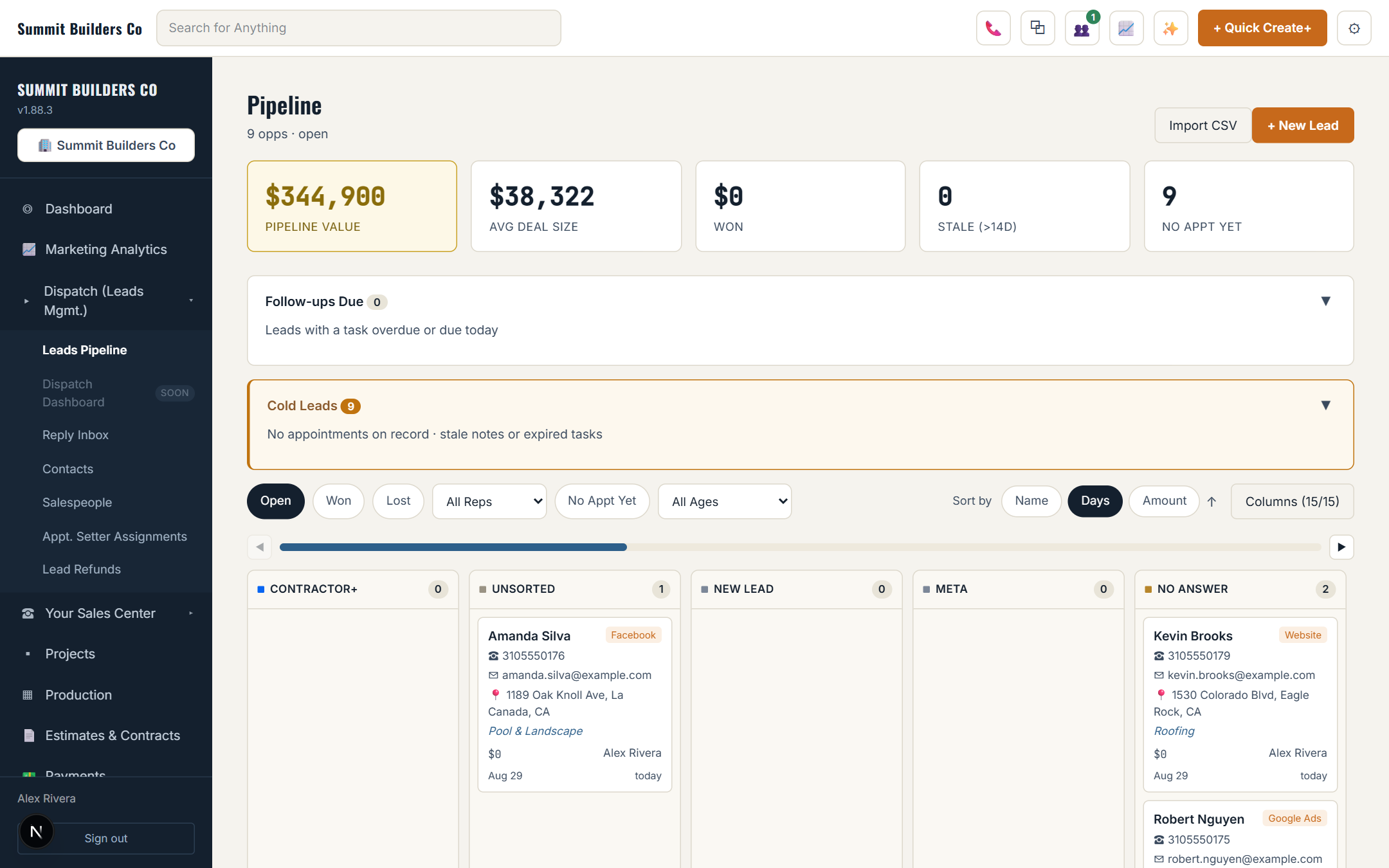 Leads Pipeline kanban board with stage columns, pipeline value and deal cards